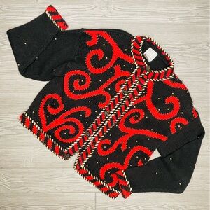 Gantos Vintage Embroidered Black Floral long sleeve Sweater Cardigan 2 red swirl